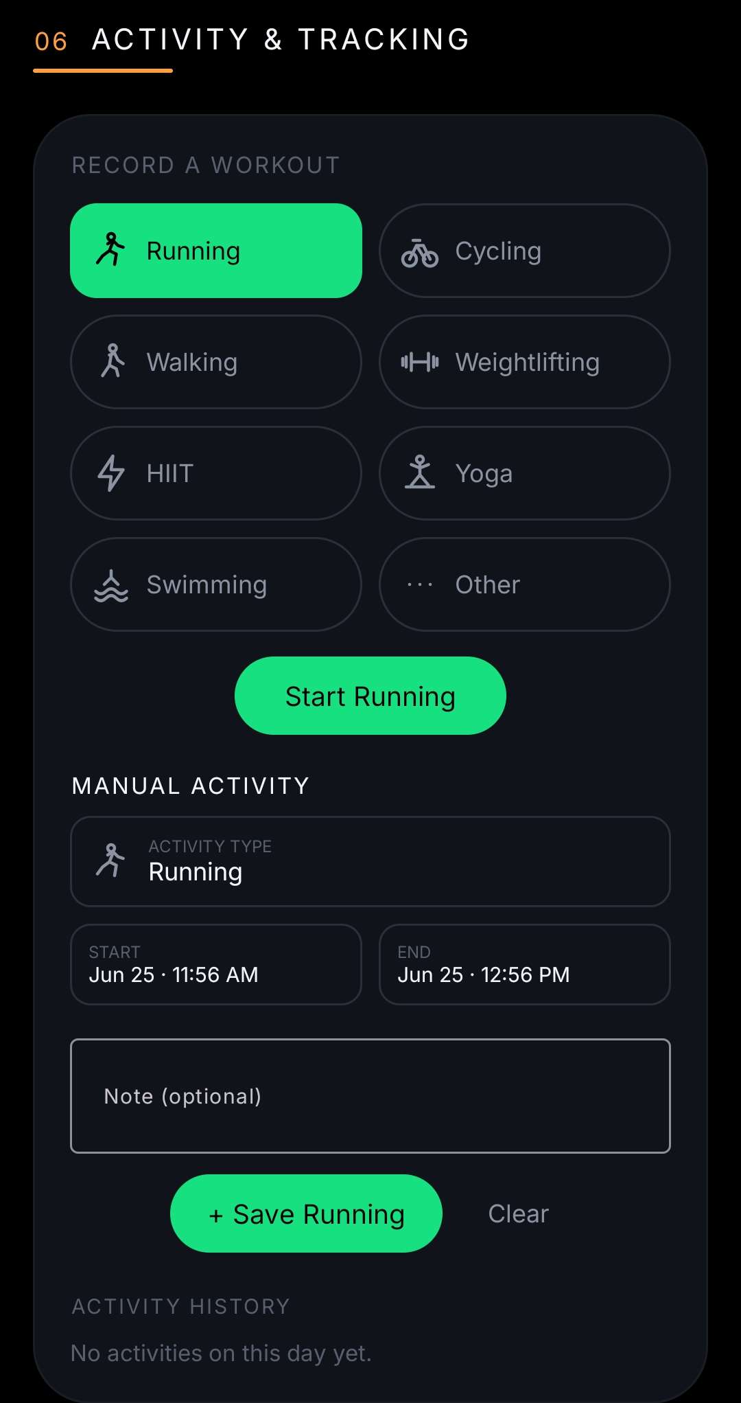 Android activity and tracking: a workout-type picker (Running, Cycling, Walking, Weightlifting, HIIT, Yoga, Swimming, Other), a manual-activity form, and an activity history