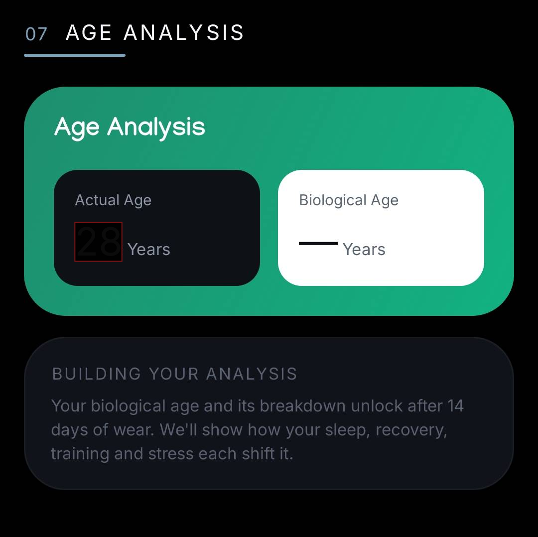 Android Age Analysis card: actual age shown, biological age still building, with a note that it unlocks after 14 days of wear