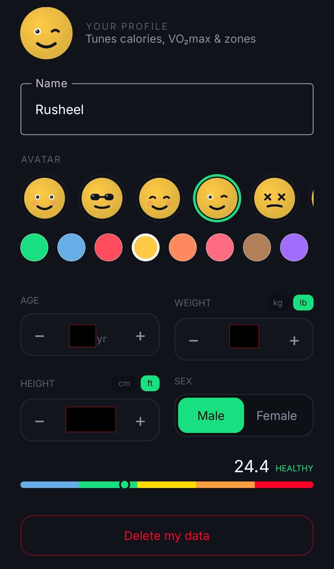 Android profile sheet: name field, a row of eight avatar faces and eight color choices, age/weight/height/sex inputs, a BMI bar, and a red "Delete my data" button