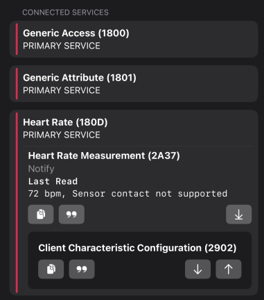 nRF Connect heart rate measurement characteristic 2A37 reading 72 bpm