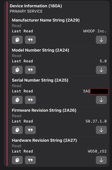nRF Connect device information service: model 5.0, firmware 50.37.1.0, hardware WG50_r52, manufacturer WHOOP Inc.