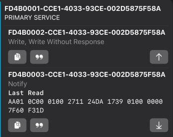 nRF Connect showing the custom FD4B0001 service: FD4B0002 marked Write / Write Without Response, with a raw AA01 frame value