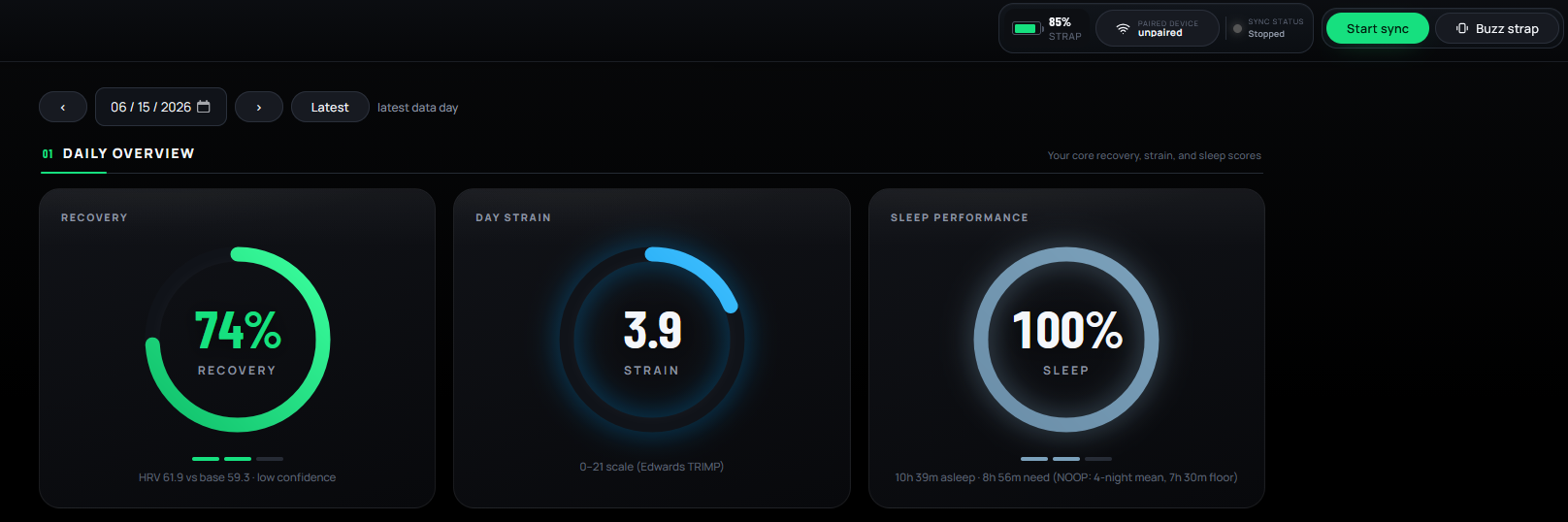 Web dashboard, Daily Overview: Recovery 74%, Day Strain 3.9, Sleep Performance 100% rings