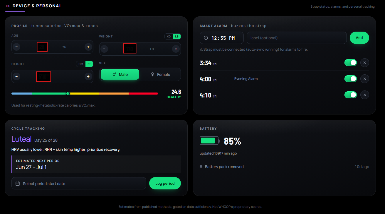 Web dashboard, Device and Personal: profile, the Smart Alarm list, cycle tracking, and strap battery